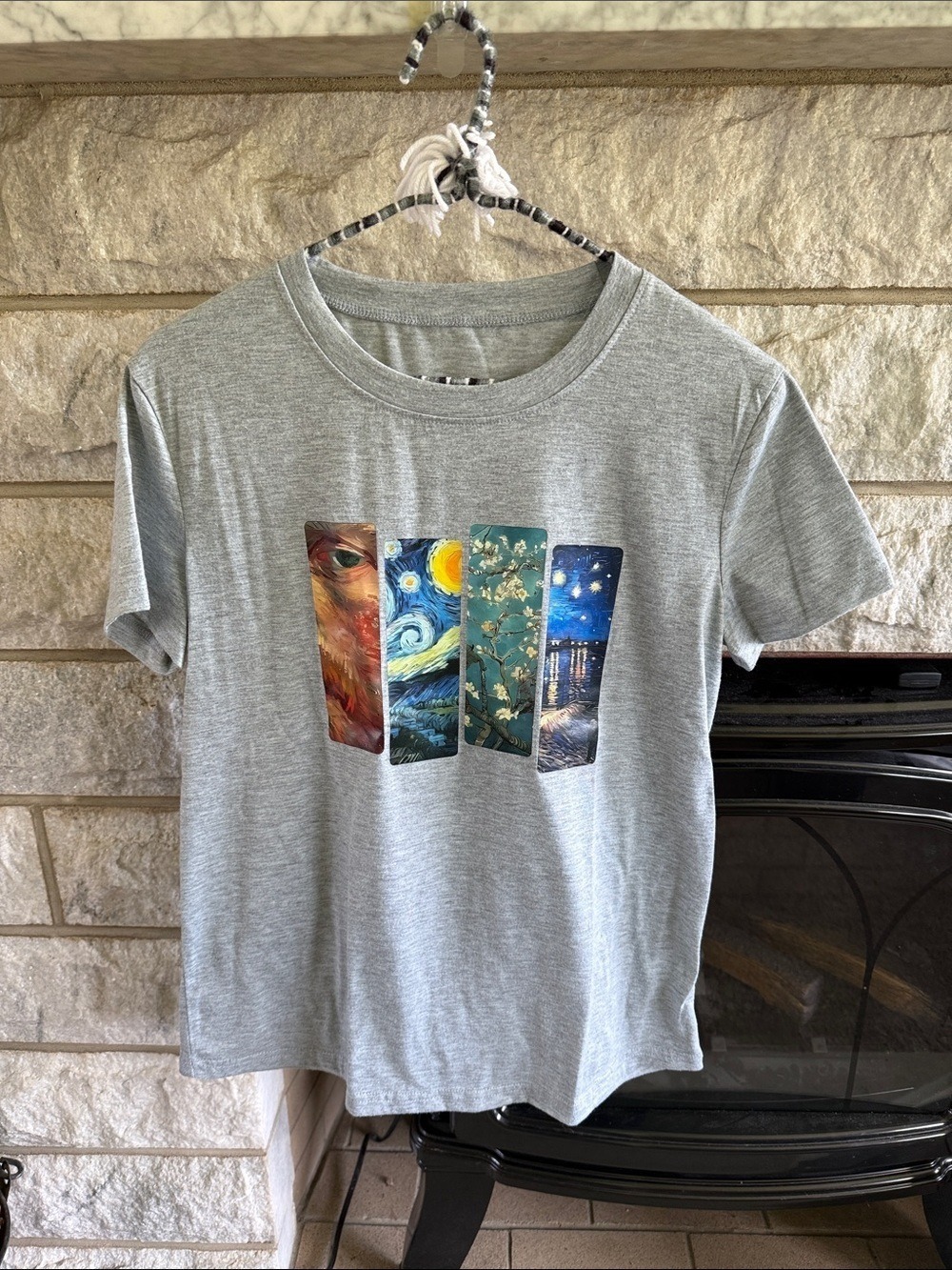 Gray Graphic T-Shirt with Van Gogh Panels Medium